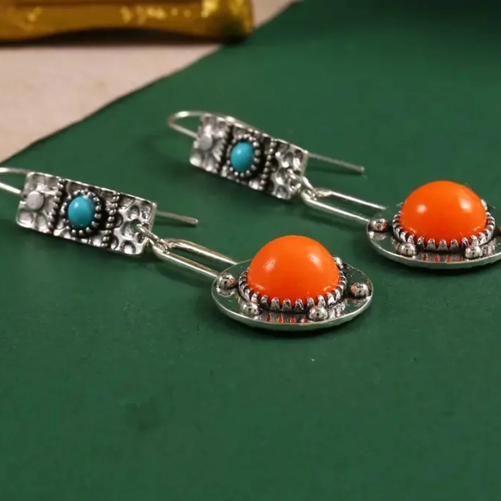 Bohemian Coral Color Drop Earrings Zinc. Vintage Hook Earrings. - Picture 5 of 7
